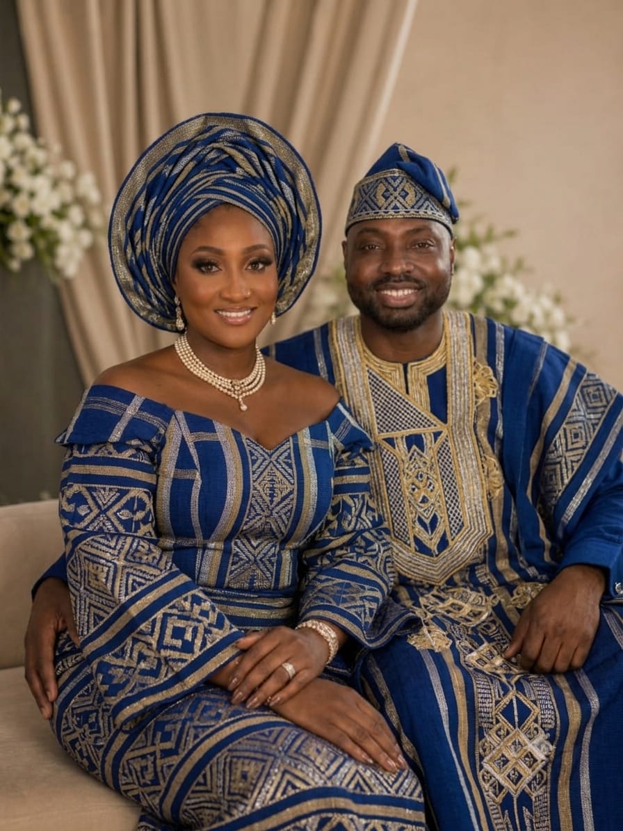 The couple seated in royal blue aso-oke with matching gele and fila