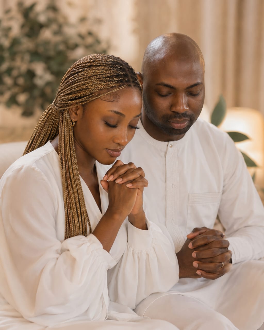 The couple seated in white, hands clasped in prayer