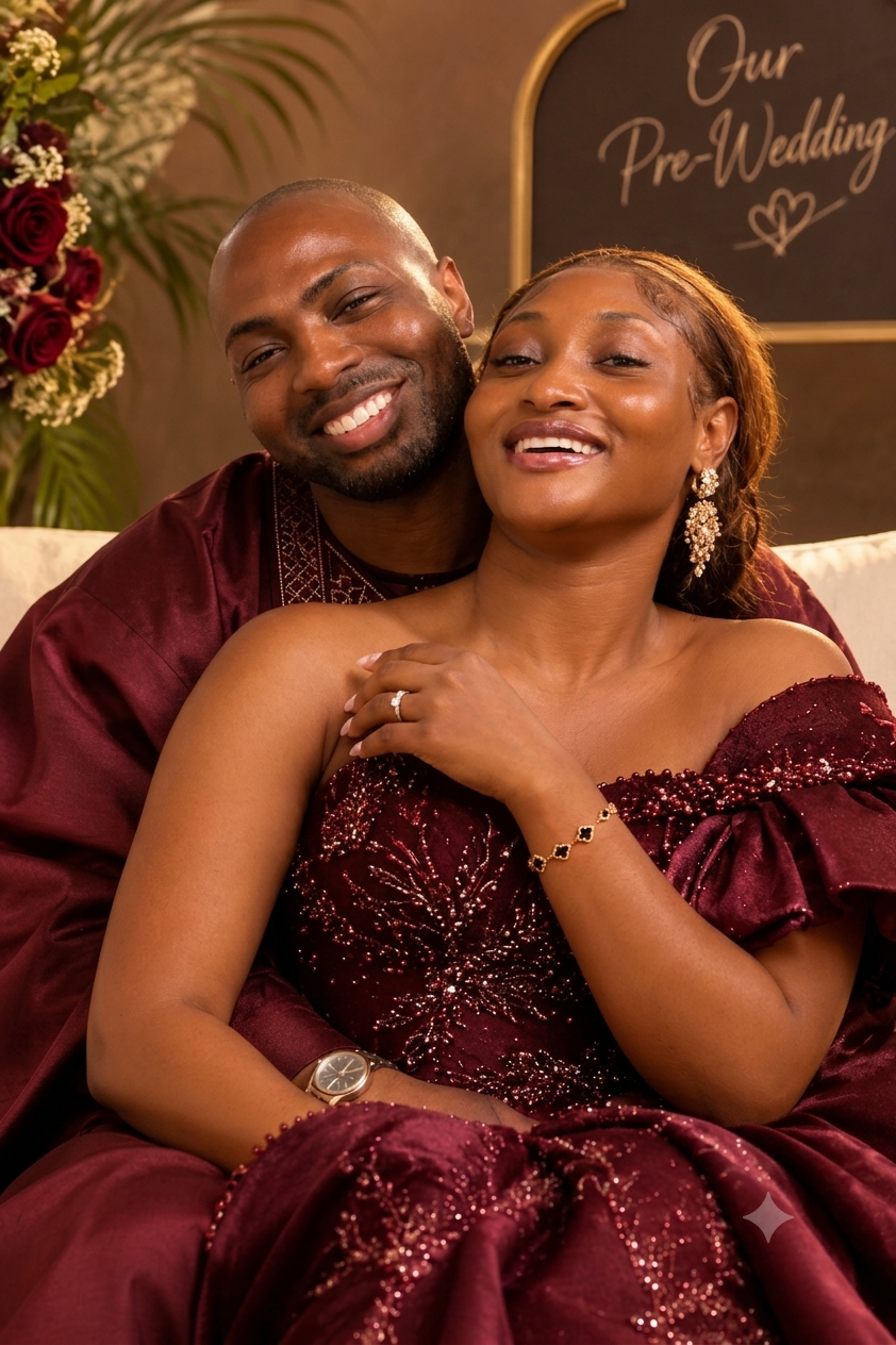 The couple smiling together in burgundy pre-wedding attire