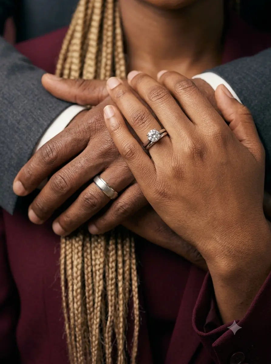 The couple's hands resting together, wedding rings in close view