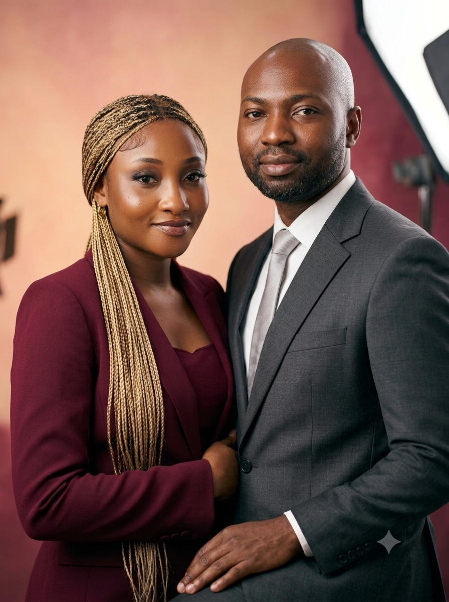 Formal portrait of the couple in burgundy and charcoal