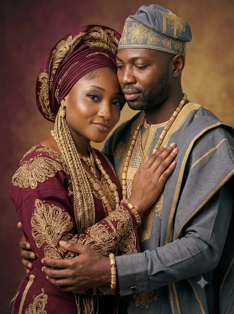 Oluwatobi and Olayinka in Yoruba traditional attire, gele and agbada with gold embroidery