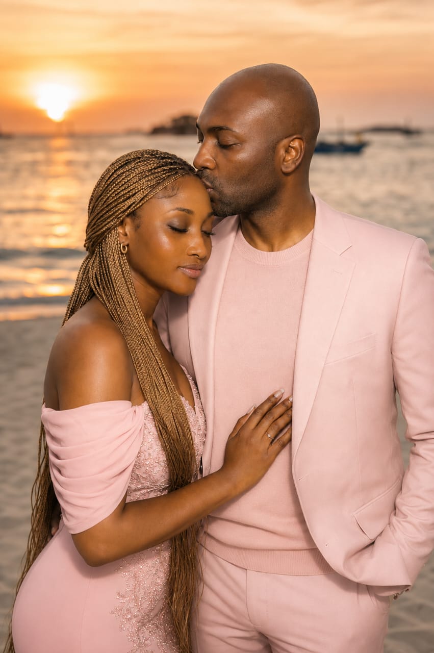Oluwatobi kissing Olayinka's forehead on the shore at sunset