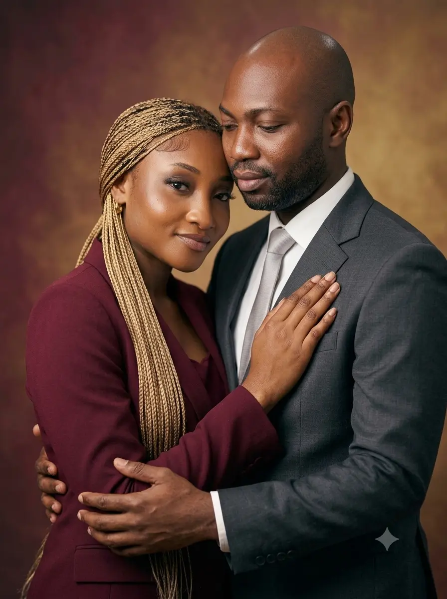 Olayinka and Oluwatobi in a quiet embrace, burgundy and charcoal tailoring